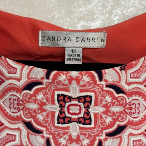 Sandra Darren Shift Dress Coral Blue Paisley Print 3/4‎ Sleeve Knee Length Sz 12 - Picture 3 of 8